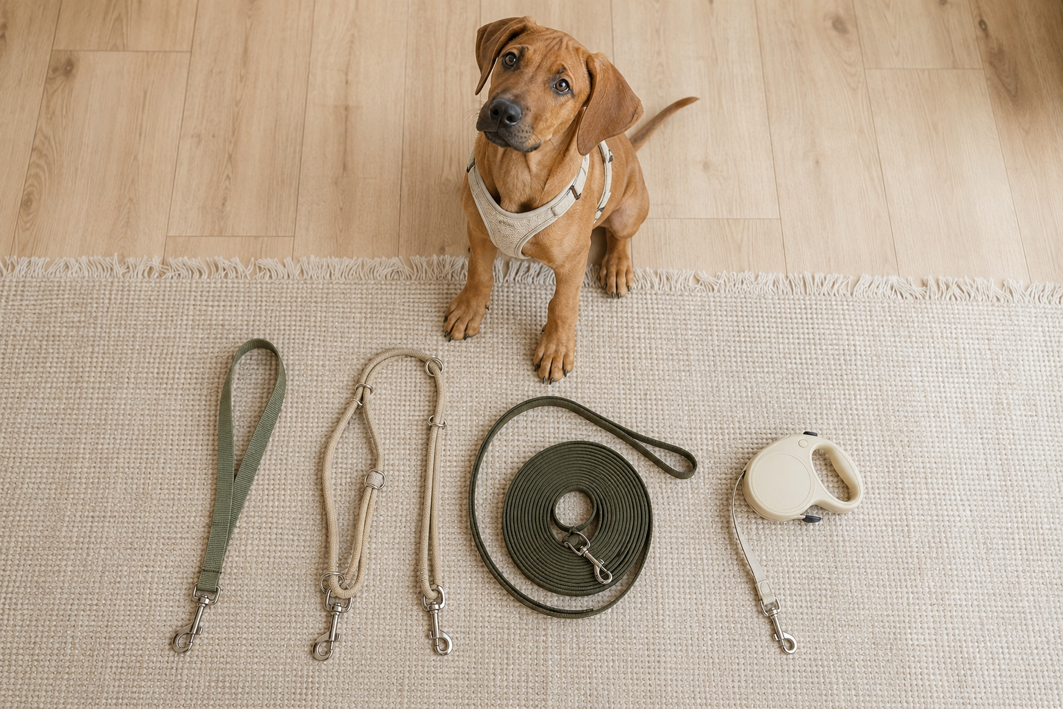 Různé druhy vodítek položené vedle štěněte rhodéského ridgebacka